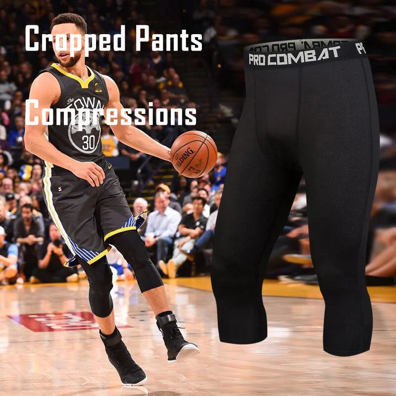 Men's 3/4 Cropped Sports Pants - Compression Leggings for Gym & Running
