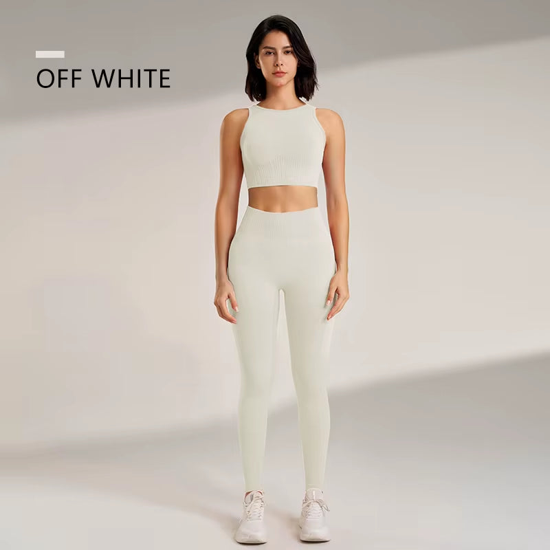 Women's Yoga Clothing Set - High-Waisted Leggings and Top Two-Piece 
