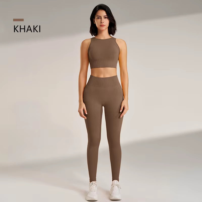 Women's Yoga Clothing Set - High-Waisted Leggings and Top Two-Piece 