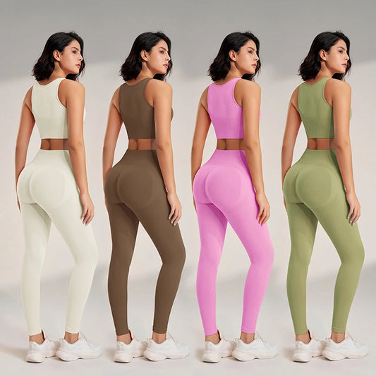 Women's Yoga Clothing Set - High-Waisted Leggings and Top Two-Piece 