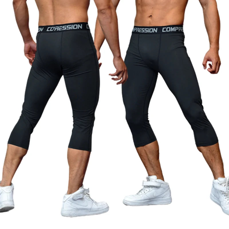 Men's 3/4 Cropped Sports Pants - Compression Leggings for Gym & Running