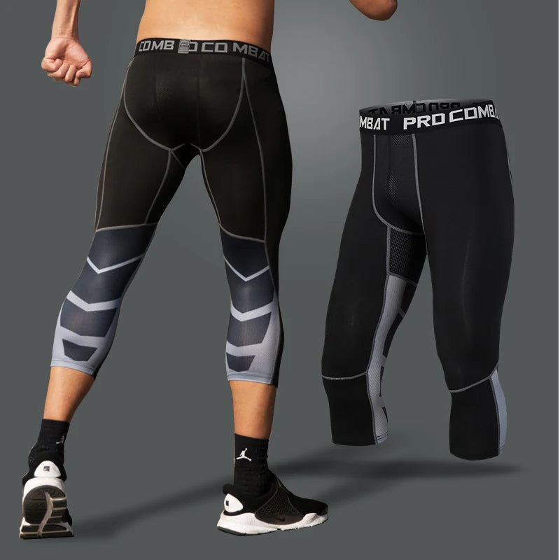 Men's 3/4 Cropped Sports Pants - Compression Leggings for Gym & Running