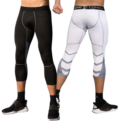 Men's 3/4 Cropped Sports Pants - Compression Leggings for Gym & Running