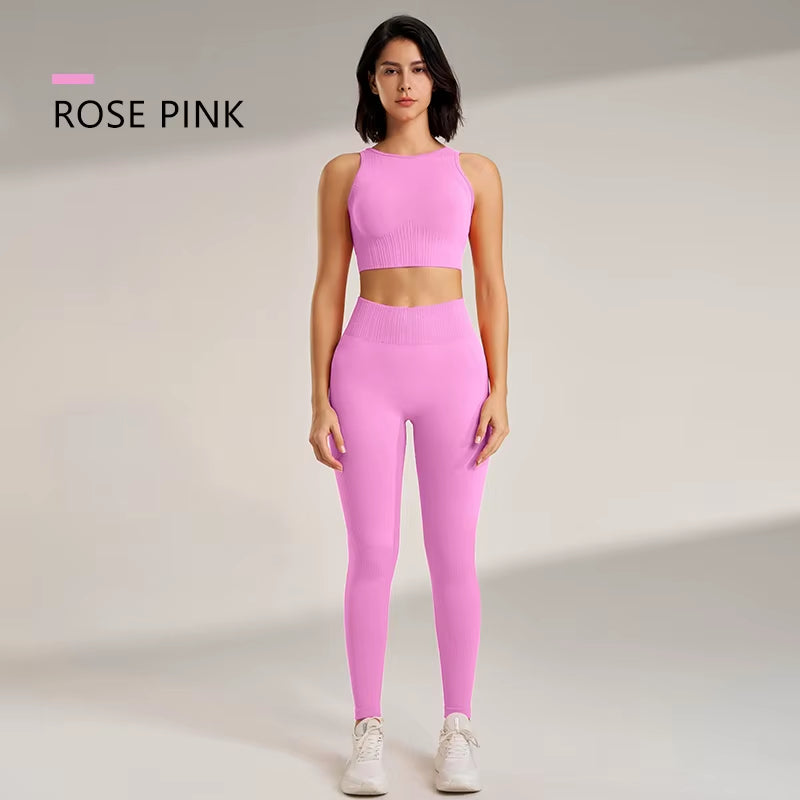 Women's Yoga Clothing Set - High-Waisted Leggings and Top Two-Piece 