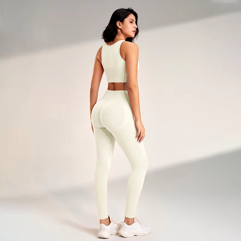 Women's Yoga Clothing Set - High-Waisted Leggings and Top Two-Piece 