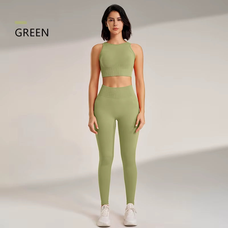 Women's Yoga Clothing Set - High-Waisted Leggings and Top Two-Piece 